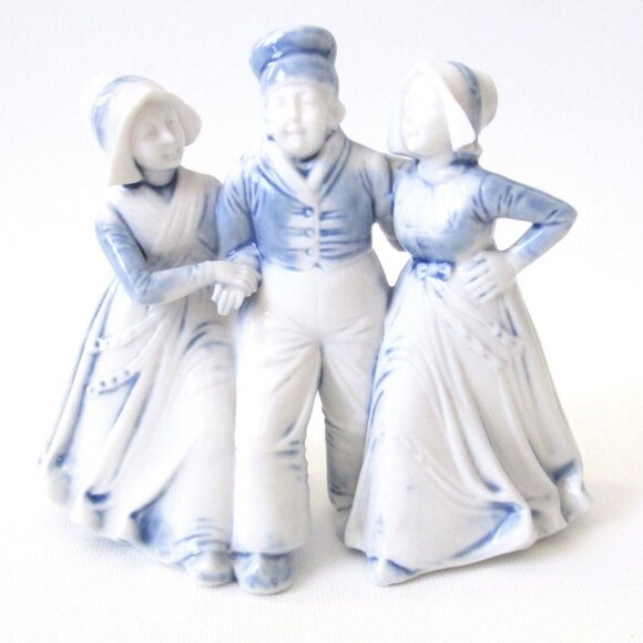 Vintage Schafer Vater Delft Blue Porcelain Figure Dutch Boy & Girls 5" Long